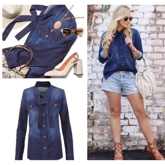 Cabi Womens Sz XS Blue Tie Neck Chambray Denim Button Front Shirt Top Blouse - Picture 13 of 16